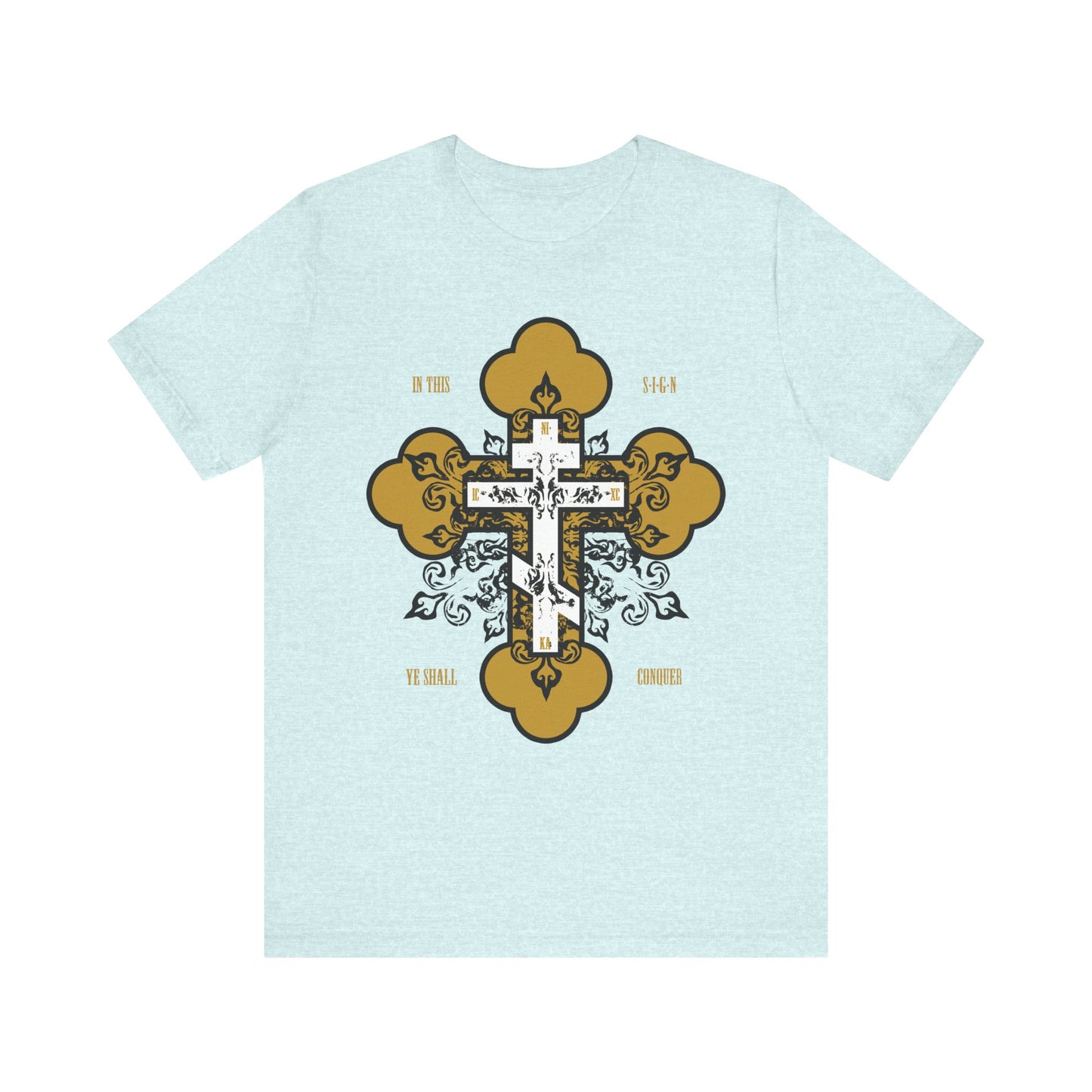 Heather Prism Ice Blue unisex tee featuring a gold & white Orthodox ornate cross with "In Hoc Signo Vinces" design and "In This Sign Ye Shall Conquer" text; made from lightweight cotton.