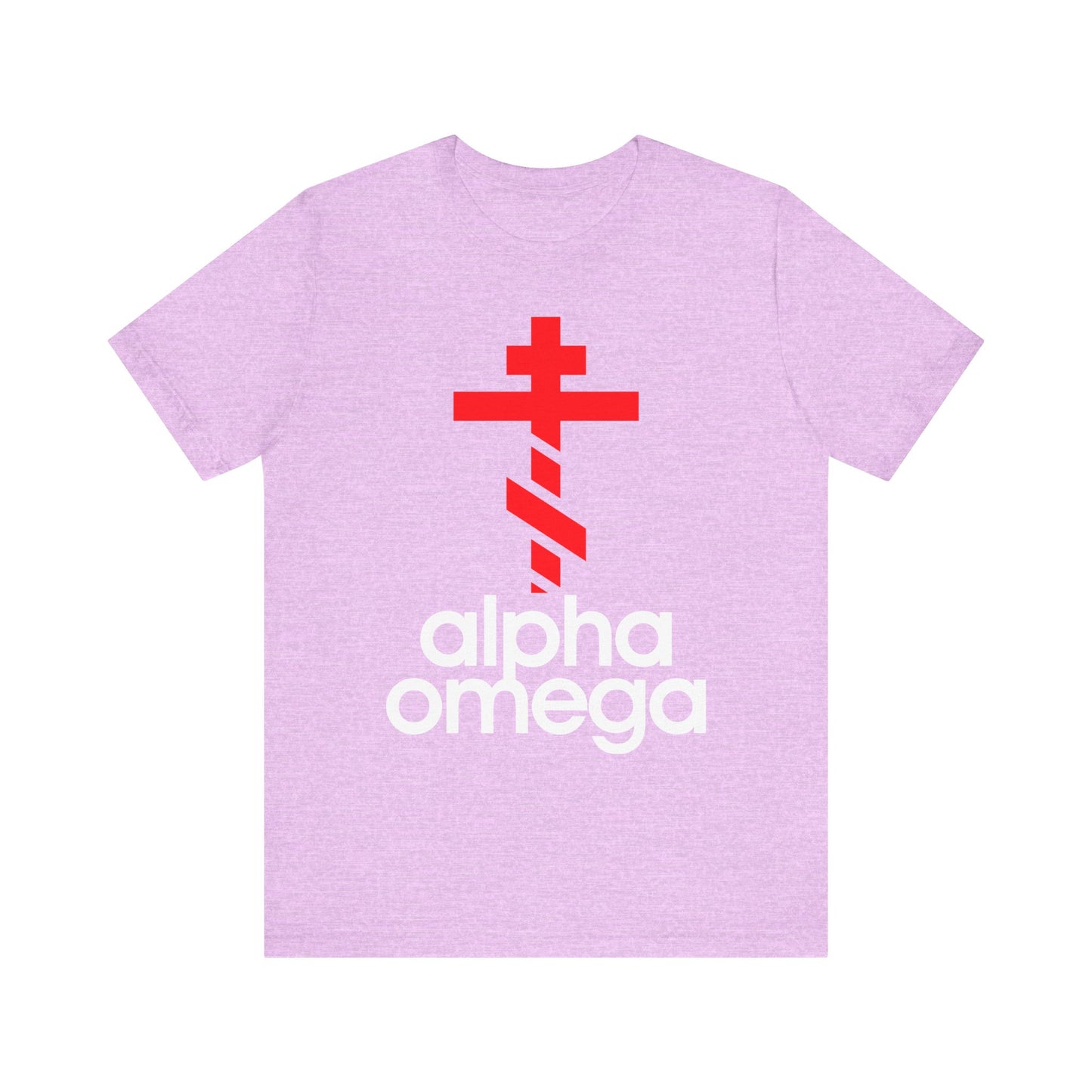 The Alpha & Omega Red Orthodox Cross Tee features a large red cross above "alpha omega" in bold white, inspired by minimalist Adidas style. Lightweight cotton, unisex fit, in Heather Prism Lilac—symbolizing prayer and repentance.