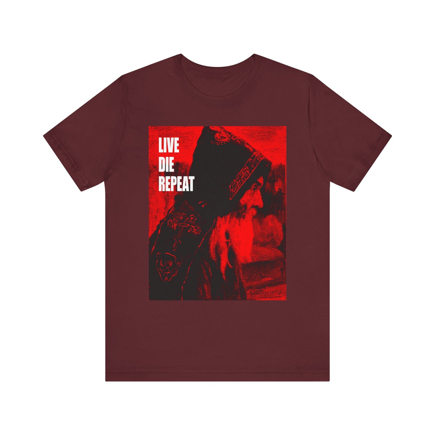 Maroon lightweight cotton tee featuring Orthodox monk art by Mikhail Nesterov, with bold text: Die Every Day, You Will Live Forever. Ascetic inspiration; unisex fit.