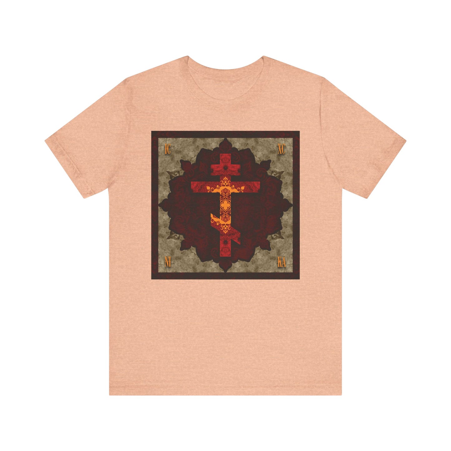 Heather peach ICXC NIKA Artistic Textured Red & Gold Russian Cross lightweight cotton unisex t-shirt, featuring a decorative square background and an ornate red and gold cross inspired by Orthodox Christian virtues of humility and faith, as exemplified by St. John of Shanghai and San Francisco.