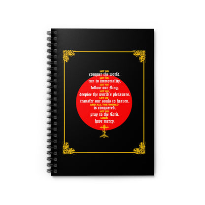 Let Us Conquer the World, Let Us Run To Immortality Orthodox spiral notebook with ornate gold corners and red circle text featuring a quote from St. John Chrysostom on victory over death—perfect for ascetic Christian inspiration.