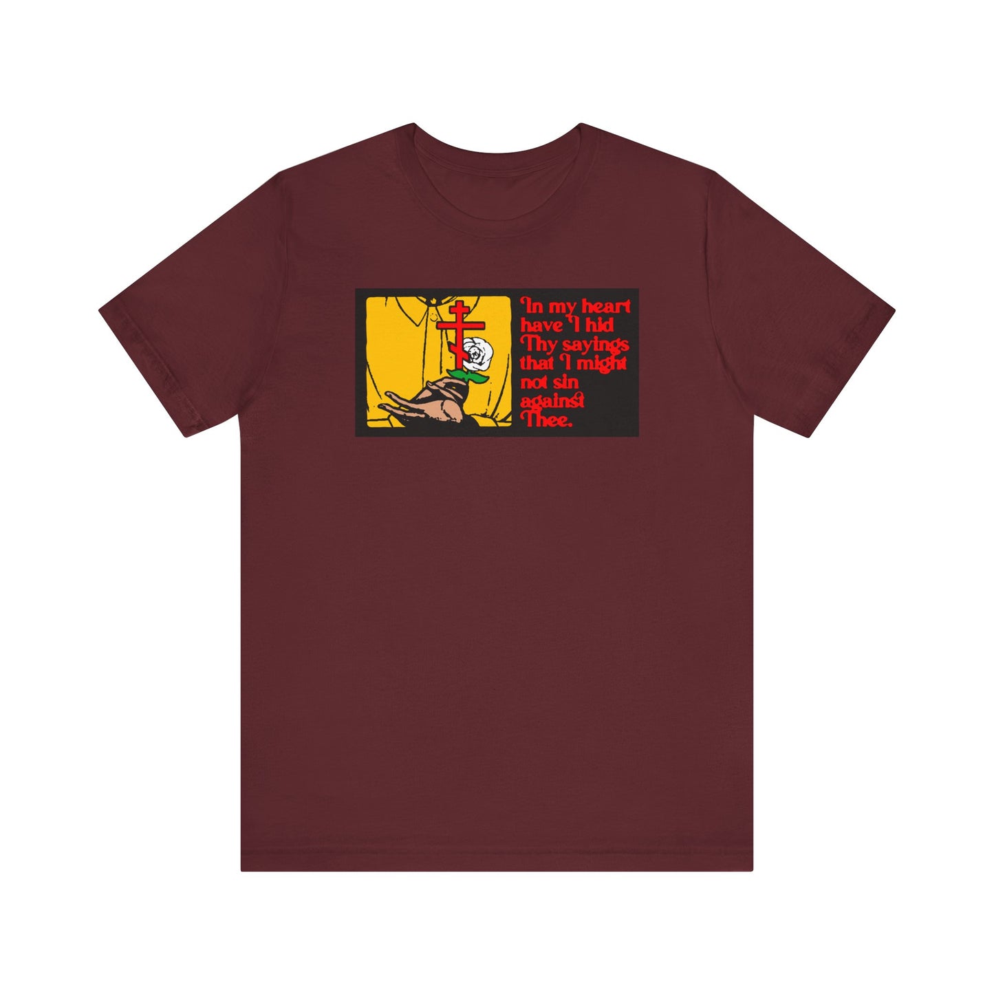 Maroon “In My Heart Have I Hid Thy Sayings (Psalm 117/118) 1” Orthodox Christian lightweight cotton unisex t-shirt featuring a graphic and text as a tribute to the law of the Lord and His commandments.