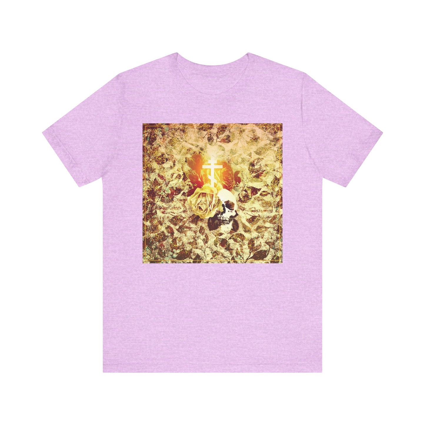 Heather Prism Lilac unisex tee featuring a square floral texture with gold rose and white Orthodox cross at the center, inspired by Ezekiel prophecy. Part of the Rose & Skull Glowing Gothic Christian collection. Lightweight cotton.