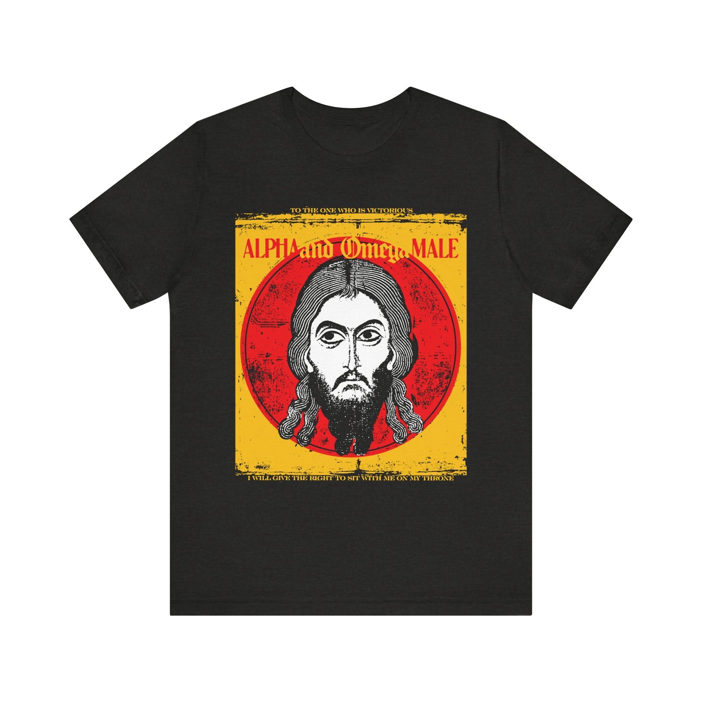 Black Heather "Alpha & Omega Male" tee with a stylized Jesus Christ (Image of Edessa) before a red and yellow background, Orthodox-inspired and themed on victory and resurrection. Lightweight cotton, unisex fit.