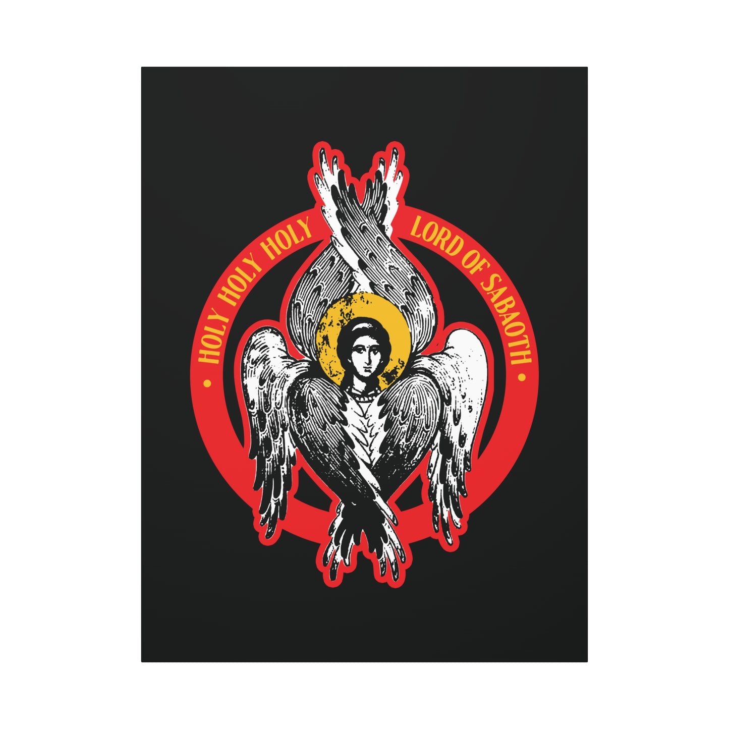 Inspired by Isaiah 6, this Orthodox Seraphim Angel icon features six wings, a halo, and a red ring inscribed with "HOLY HOLY HOLY LORD OF HOSTS." Perfect Christian wall art: Holy Holy Holy, Lord of Sabaoth | Unseen Realm.