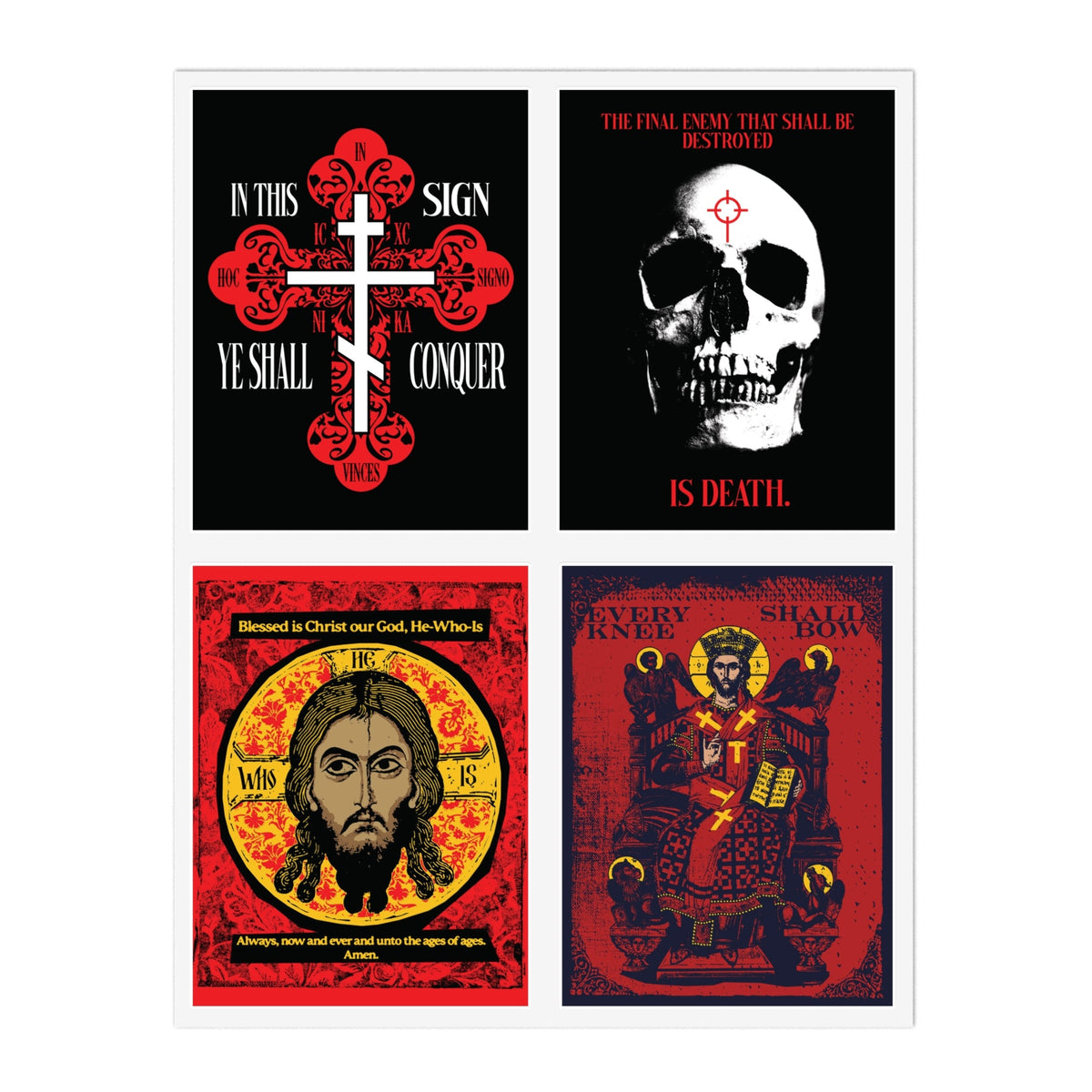 Four Orthodox stickers with Christ, icons, death, and faith: Bestseller Orthodox Sticker Mix No. 3.