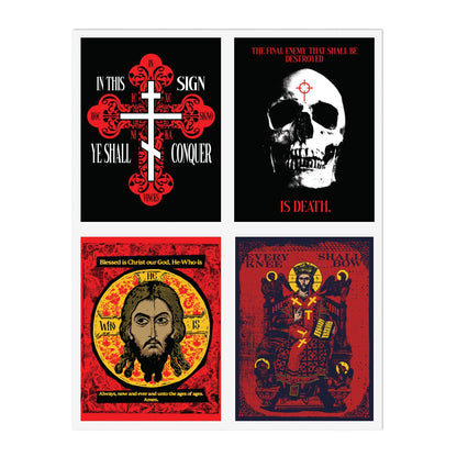 Four Orthodox stickers with Christ, icons, death, and faith: Bestseller Orthodox Sticker Mix No. 3.