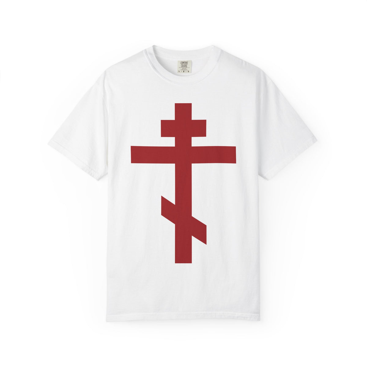 White Red Orthodox Cross | Preserve Thy People By Thy Cross, O Lord t-shirt with a large red cross on the front.