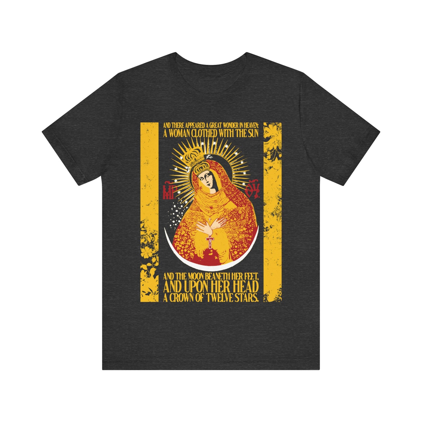 Our Lady the Gate of Dawn | Woman of the Apocalypse Rev 12:1 | Theotokos Gold Floral Texture Design | Orthodox Christian Cotton T-Shirt
