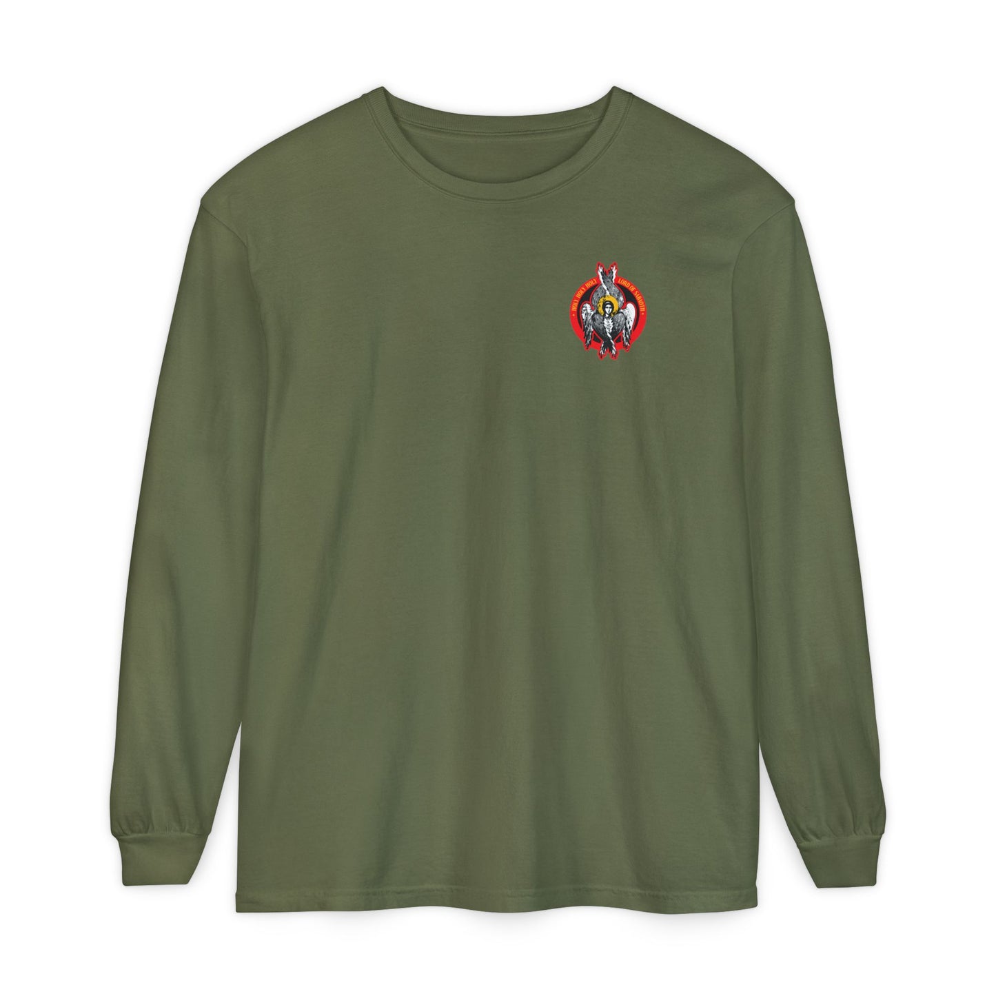 Hemp long-sleeve cotton shirt featuring a small, colorful embroidered seraphim angel icon inspired by Christian spirituality—Holy Holy Holy Seraphim Angel Icono-Graphic (Small Design) | Heavenly Hosts of God | Divine Council.
