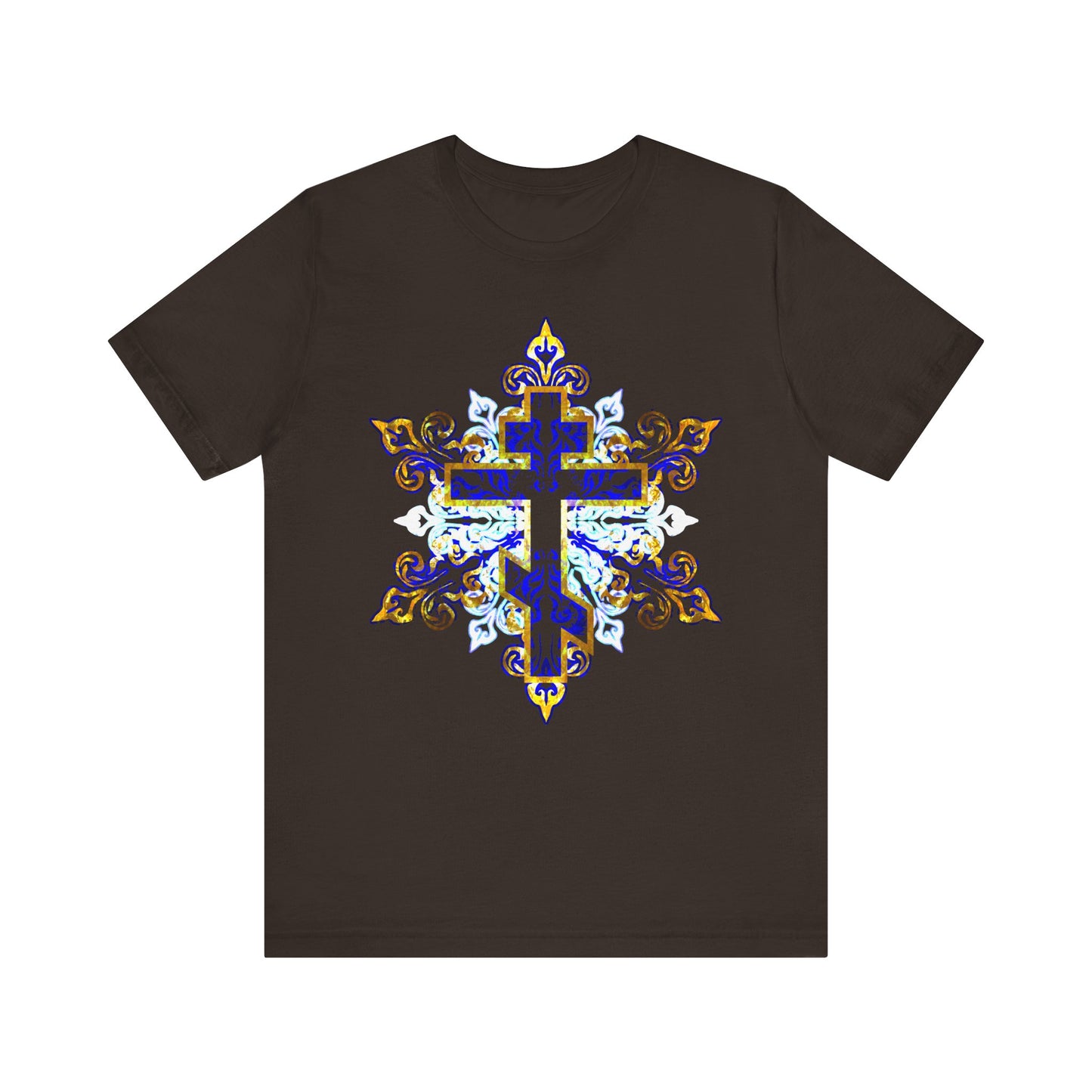 Brown T-shirt featuring an ornate glowing blue, white, and gold medieval filigree Orthodox Christian cross design centered on the front, inspired by the Homilies on Galatians by St. John Chrysostom.