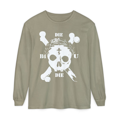 Sandstone long-sleeve "Die Before You Die" shirt featuring retro skull & crossbones with Orthodox cross, laurel victory wreath, and "Memento Mori"—an ascetic Christian design inspired by Matthew 16:24-25.