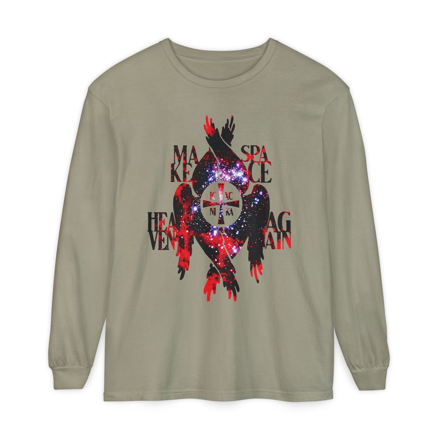 Sandstone long-sleeve shirt named "Make Space Heaven Again," featuring a cosmic textured ICXC NIKA Cross, seraphim wings, and Orthodox Christian-inspired details on the front.