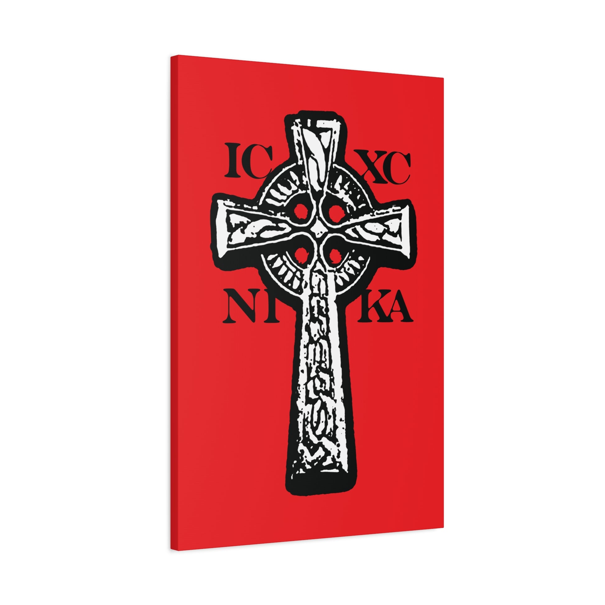Featuring the ICXC NIKA Celtic Knotwork Cross, this traditional Orthodox Christian wall art shows a black and white cross with Greek letters on a red background, symbolizing “Jesus Christ Conquers” and the power of salvation.