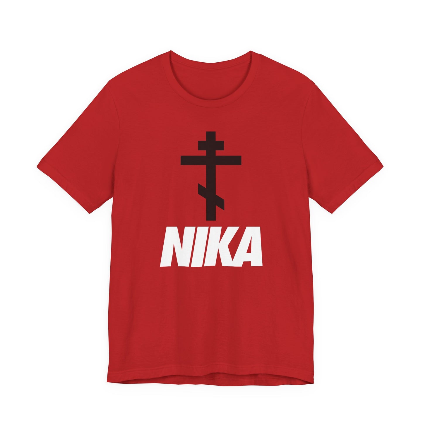 Red t-shirt with a black Eastern Orthodox cross and bold white "NIKA" text in a minimalist, athletic-inspired design. Features an Orthodox Cross with Nike logo mashup for ascetic Christian fashion: Jesus Christ Conquers.