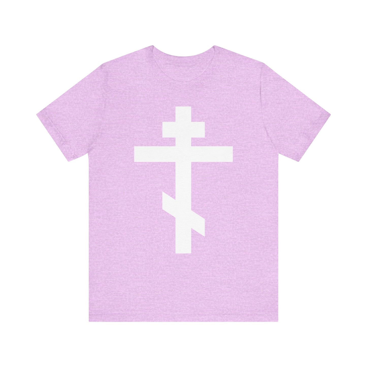 Heather Prism Lilac lightweight cotton unisex tee featuring a large white Orthodox cross on the front and the inscription "By the power of Thy Cross do Thou preserve Thy people," inspired by St. John of Kronstadt's message of salvation.