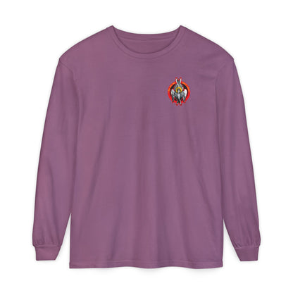 Berry long-sleeve cotton shirt with a small Seraphim angel icon graphic on the left chest, inspired by heavenly hosts and Christian spirituality.