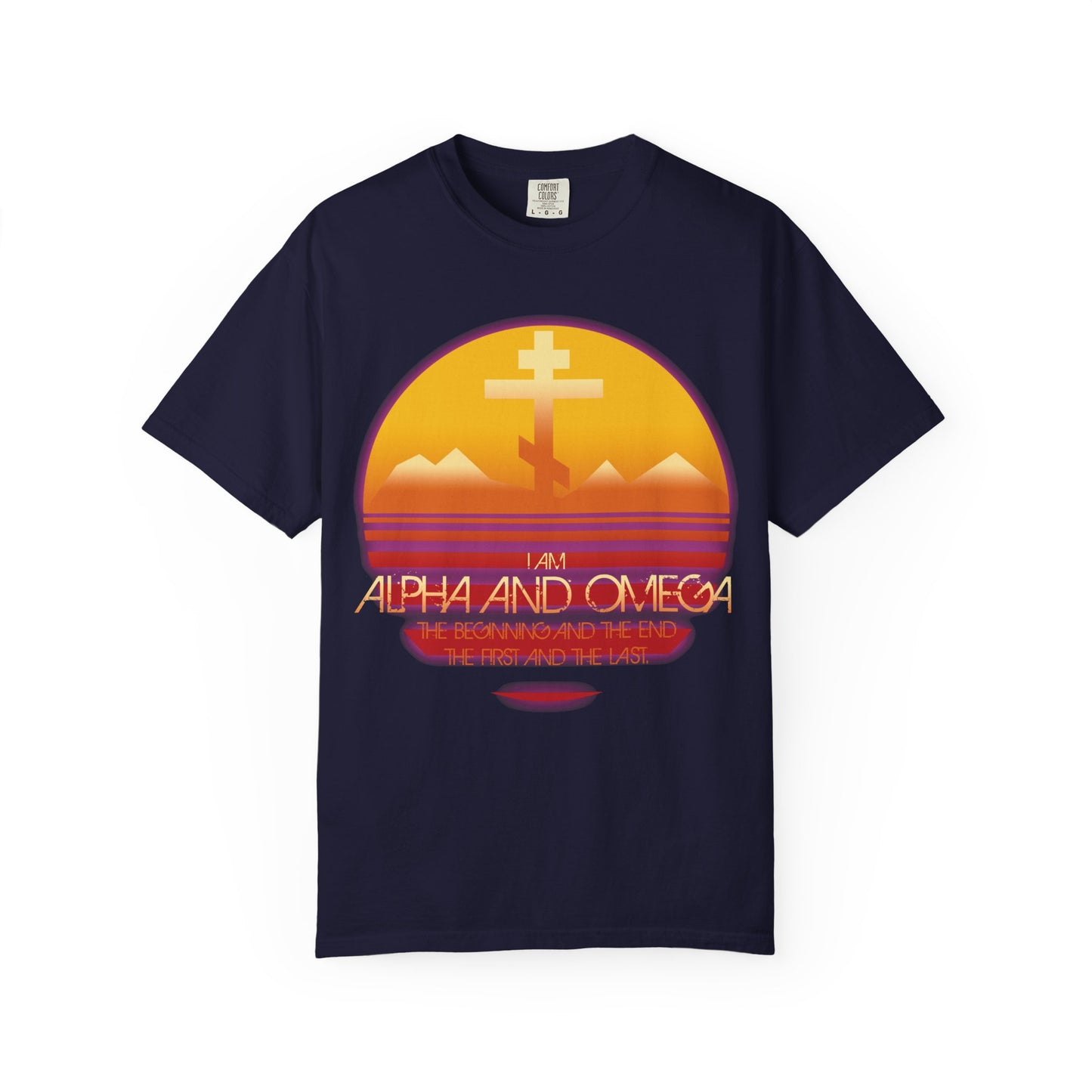 True Navy “Alpha & Omega Beginning & End (Rev 22:13)” heavyweight cotton unisex tee featuring an 80s aesthetic sunset, an Orthodox cross, and the uplifting words: I am Alpha and Omega, The Beginning and the End. Inspired by Revelation 22:13 and incorporating tree of life symbolism, this Christian t-shirt makes a meaningful statement of faith.