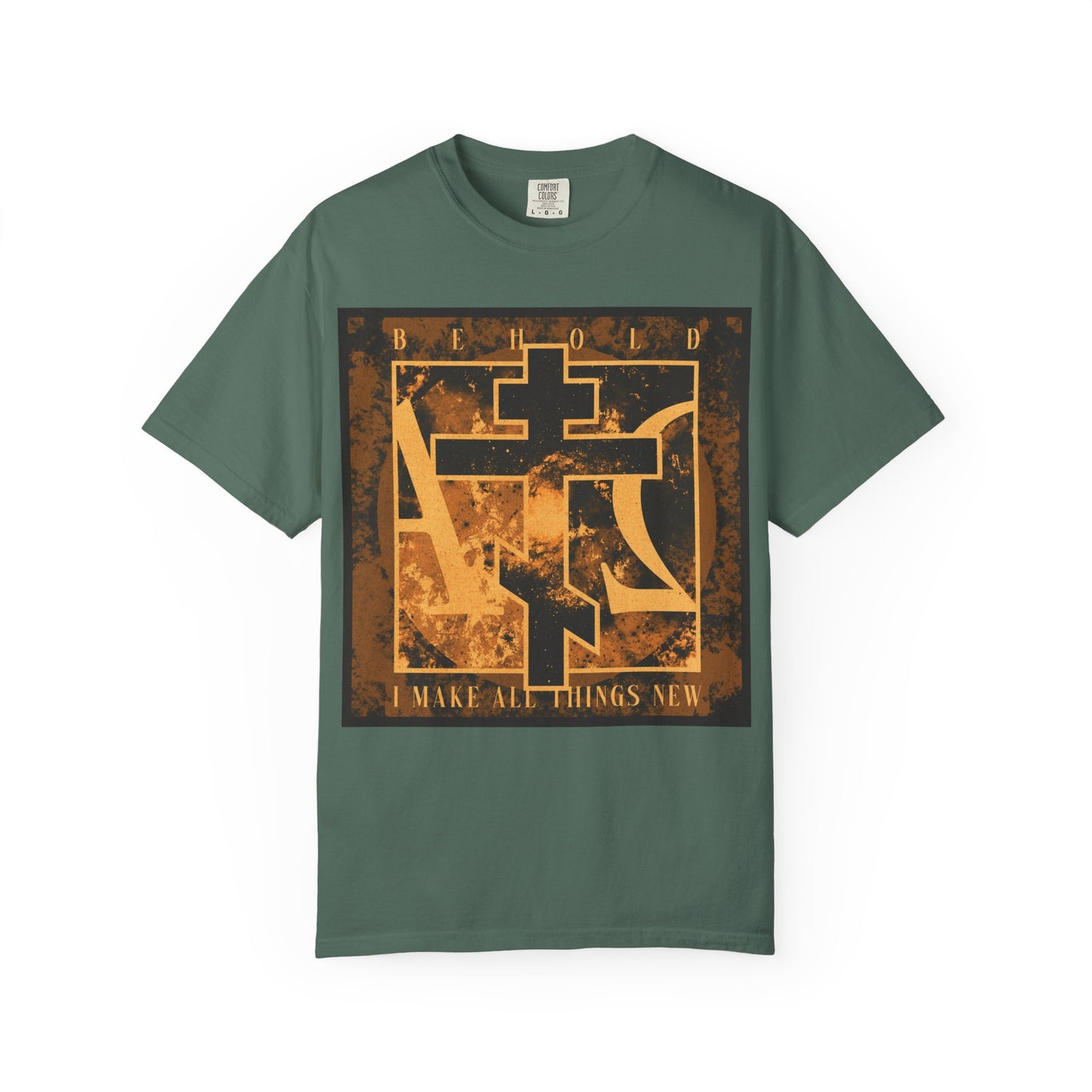 Blue spruce heavyweight cotton unisex t-shirt featuring a brown and orange Orthodox cross with Alpha & Omega background, and the words "Behold, I Make All Things New" (Rev 21:5) on the front, inspired by the promise of a new heaven and new earth.