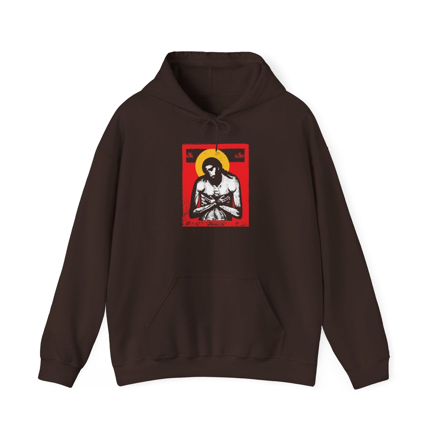 Dark Chocolate “The King of Glory Jesus Christ ‘Extreme Humility’ IconoGraphic” Christian Hoodie featuring a graphic of Jesus Christ on a red background with a yellow halo, front pocket, and inspired by Isaiah 53—the profound Bible verse referencing the suffering servant.