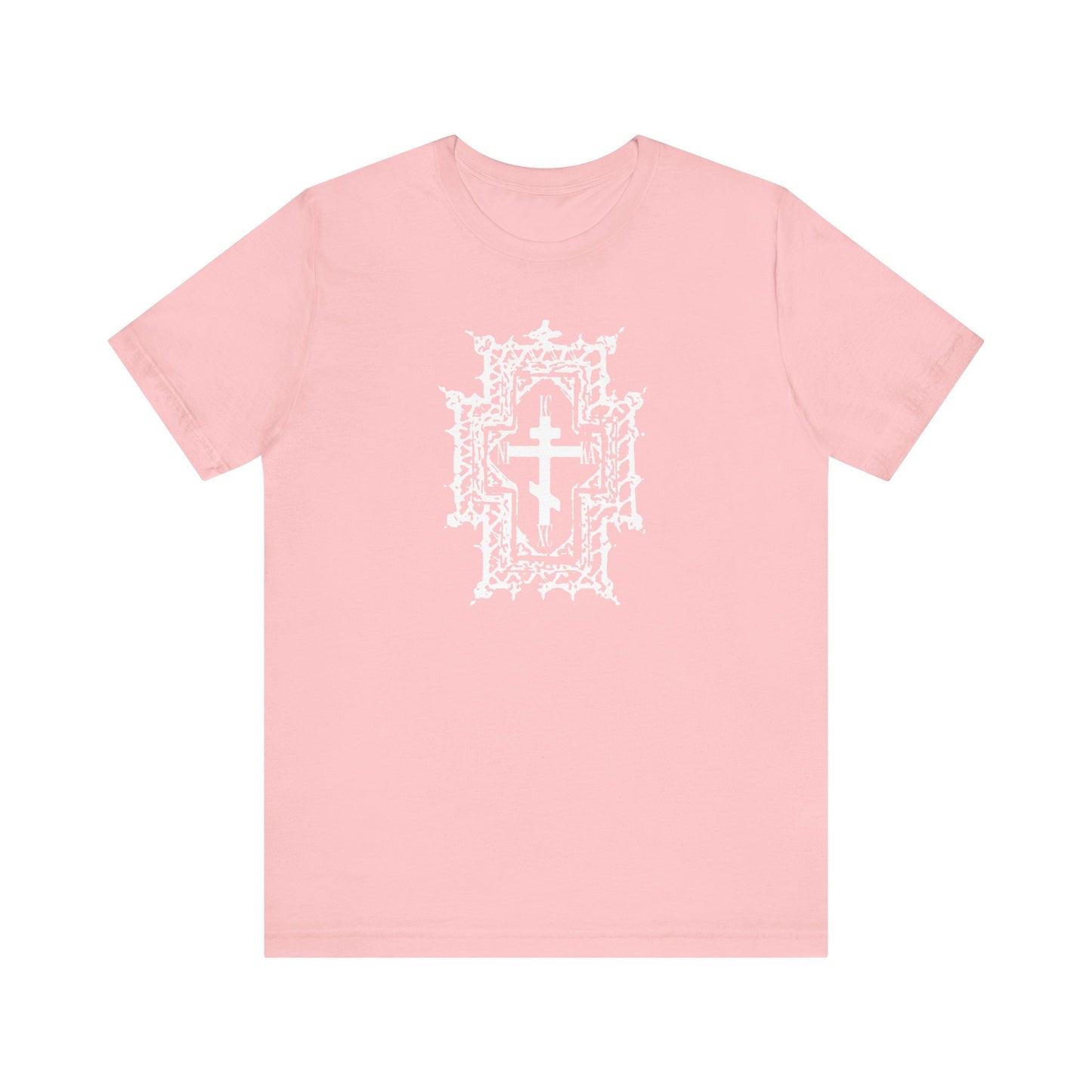 ICXC NIKA pink tee featuring a Gothic cathedral-style Orthodox cross with “Jesus Christ Conquers” and “Healed By His Wounds” design, made from lightweight cotton.