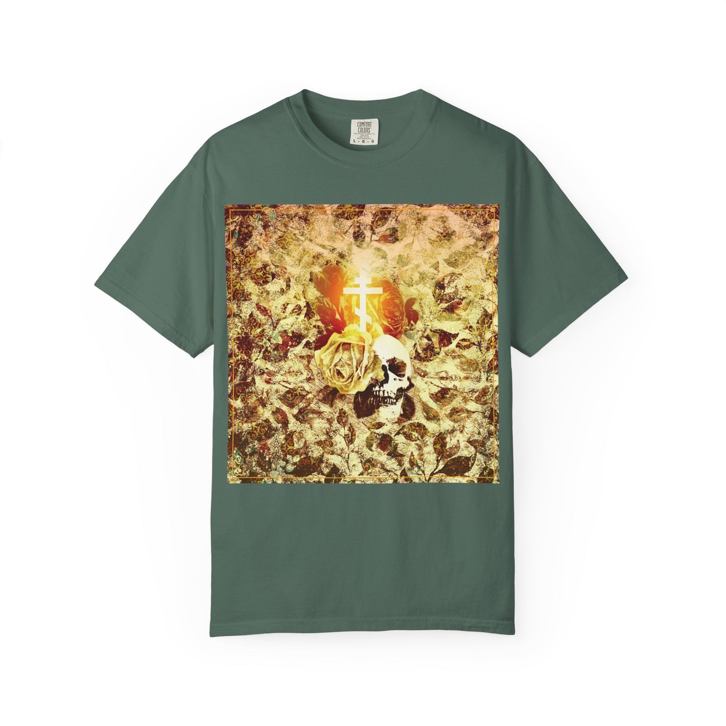 Blue Spruce unisex heavyweight cotton tee featuring a glowing Orthodox cross, rose and skull motif, and intricate floral texture—blending a gothic Christian aesthetic inspired by Ezekiel’s prophecy of the valley of dry bones.