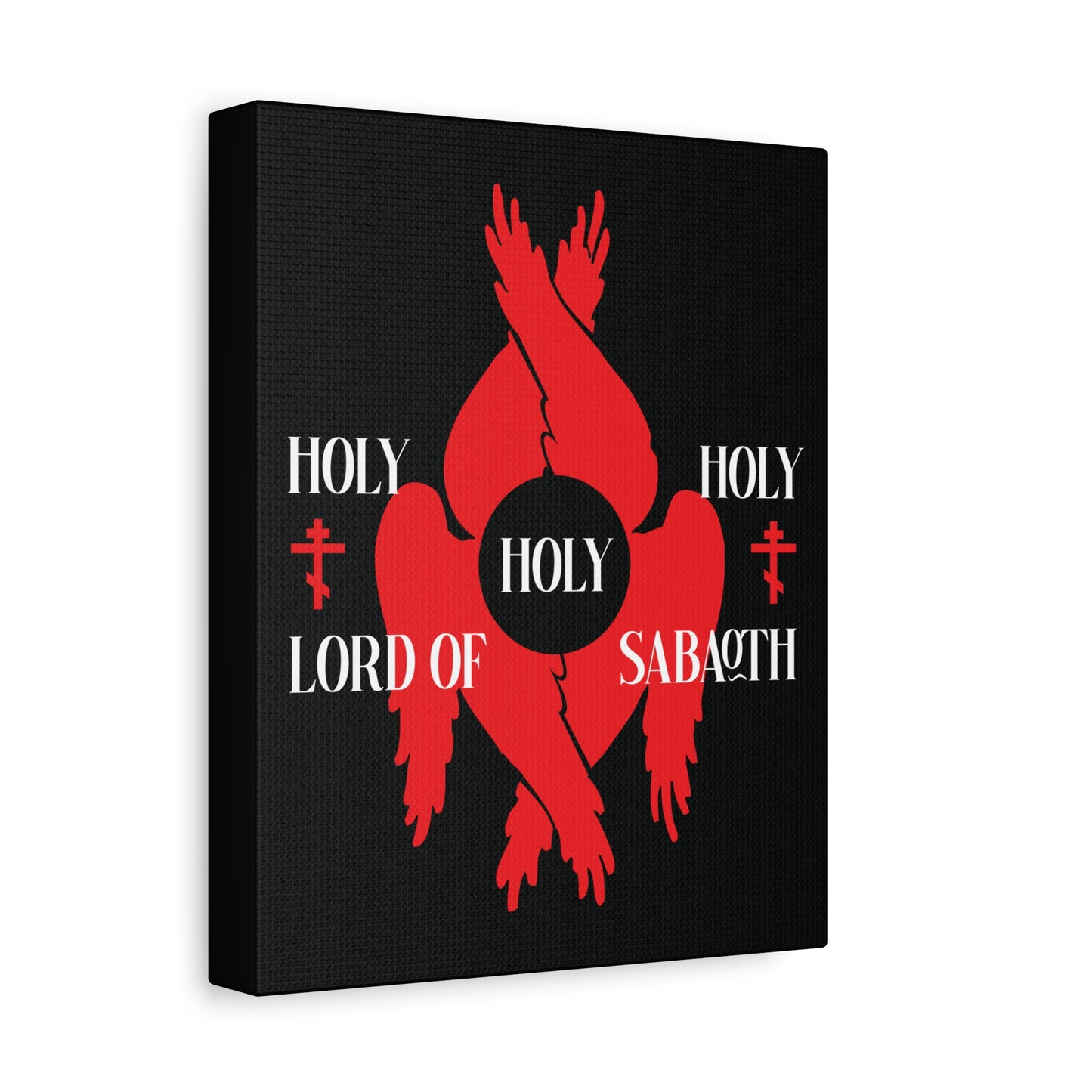 Holy Holy Holy Lord of Sabaoth Red Seraphim Wings Orthodox Crosses | Isaiah 6:3 | Divine Council Christian Canvas Art inspired by six-winged seraphim and the Holy Anaphora on a black background.