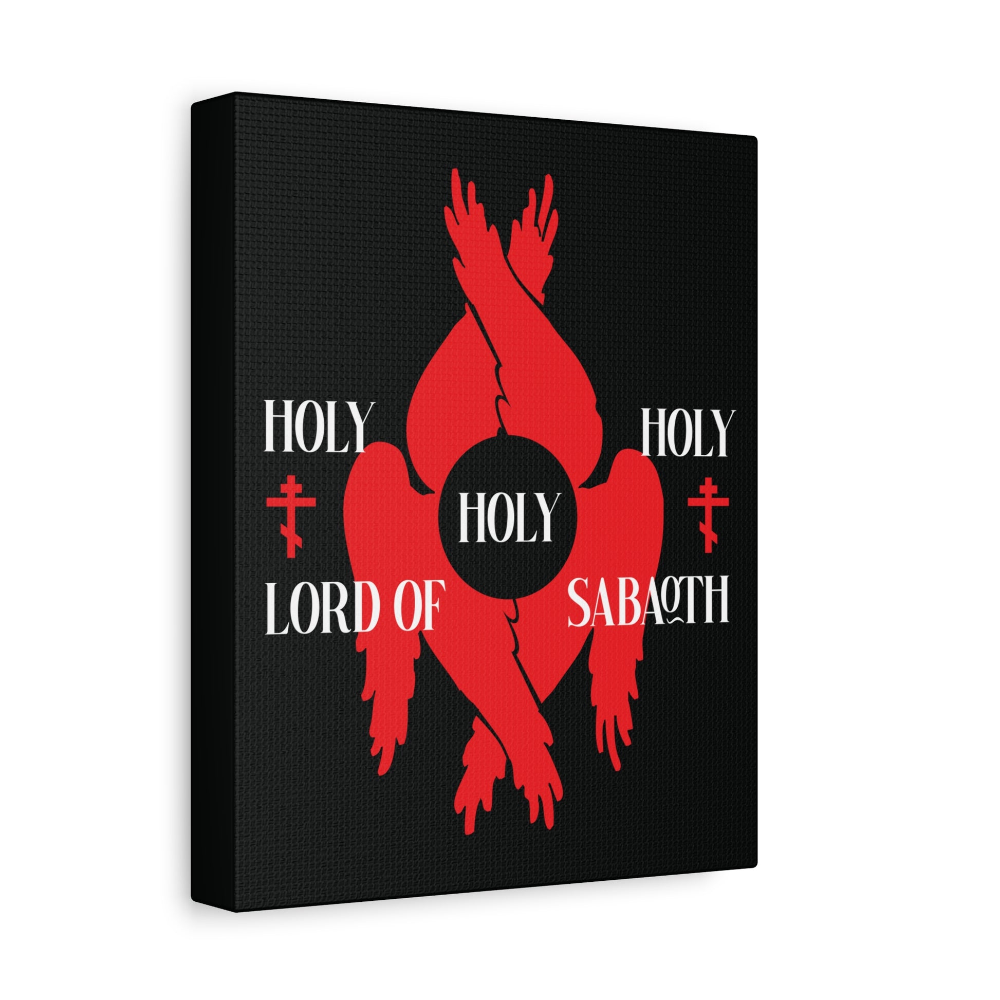 Holy Holy Holy Lord of Sabaoth Red Seraphim Wings Orthodox Crosses | Isaiah 6:3 | Divine Council Christian Canvas Art inspired by six-winged seraphim and the Holy Anaphora on a black background.