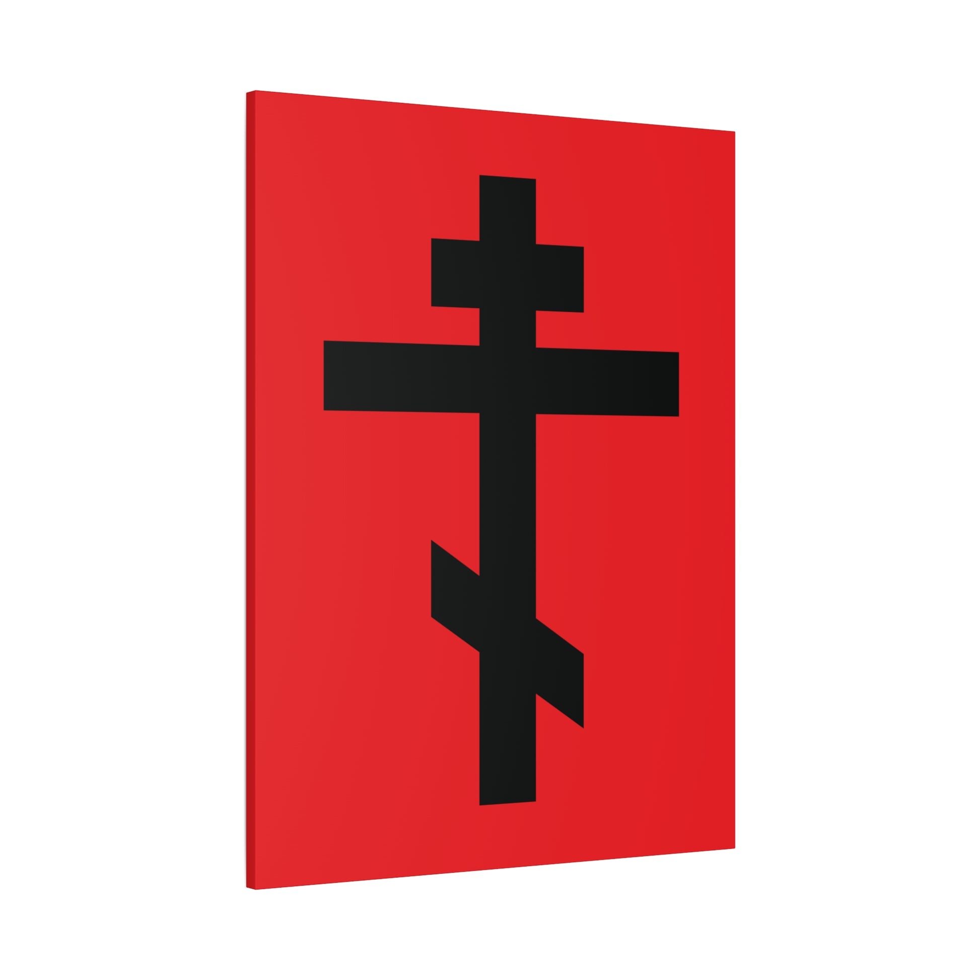 The Black Orthodox Cross Red Background canvas art features a black cross on red with the quote “May I never boast, except in the cross of our Lord Jesus Christ” (Gal 6:14), inspired by Orthodox tradition and sacred manuscripts.