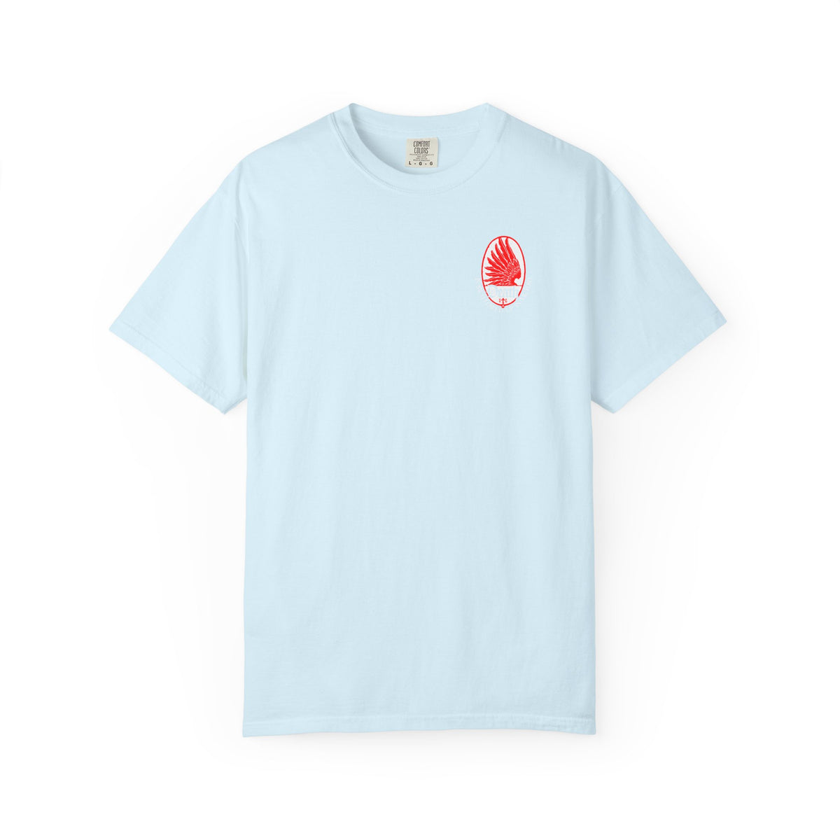 Chambray Death is Swallowed Up In Victory T-shirt with a small red eagle wing icon on the left chest.