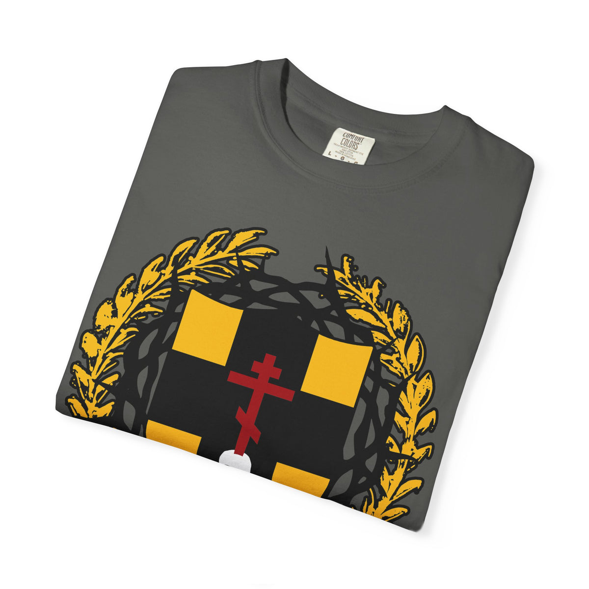 Heavyweight gray cotton unisex t-shirt featuring an Orthodox Cross stabbing a skull, with a black, gold, and red heraldic shield adorned by a Crown of Thorns on the front—a design inspired by Colossians 1:18, “First-Born from the Dead.”.