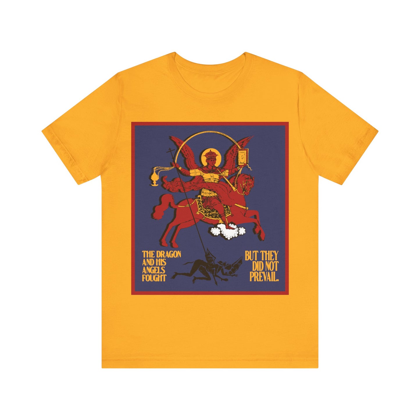Archangel Michael of the Apocalypse IconoGraphic (Revelation 12:7-8) | Red Angel and Horse on Blue Background | Orthodox Christian T-Shirt