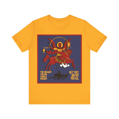 Archangel Michael of the Apocalypse IconoGraphic (Revelation 12:7-8) | Red Angel and Horse on Blue Background | Orthodox Christian T-Shirt
