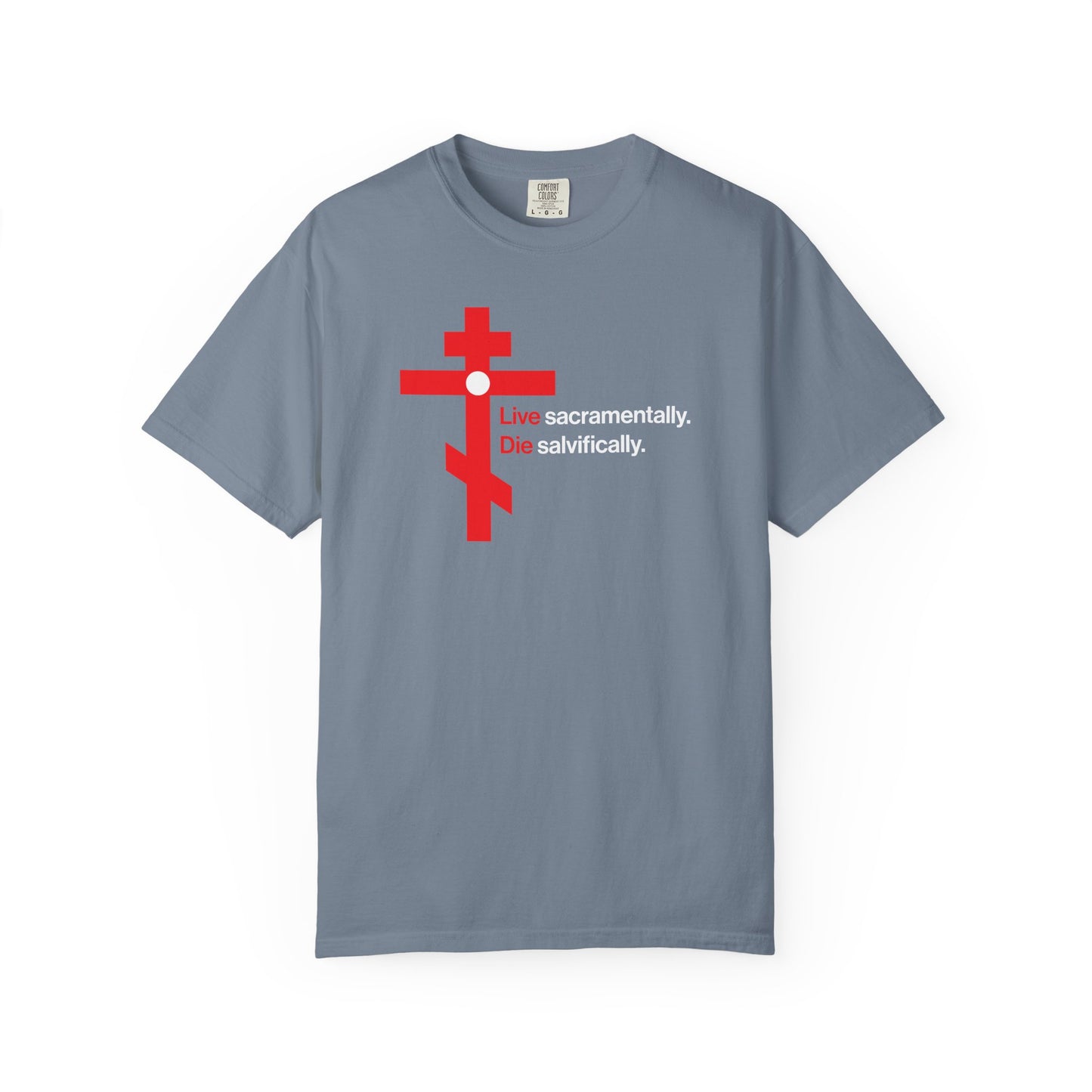 Live Sacramentally, Die Salvifically | Remember You Will Die | Memento Mori | Red Orthodox Cross White Circle | Heavyweight Cotton Unisex Tee