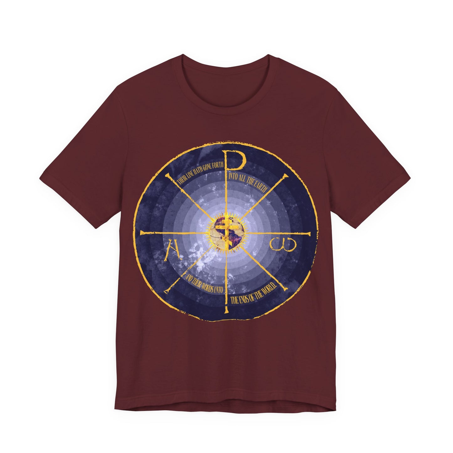 Geocentric Cross & Chi Rho | Alpha & Omega | Blue and Yellow Design | Medieval Style Graphic | Orthodox Christian Cotton T-Shirt