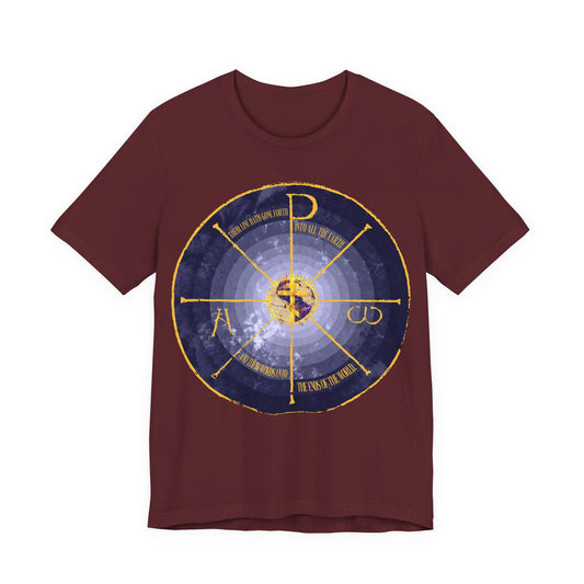 Geocentric Cross & Chi Rho | Alpha & Omega | Blue and Yellow Design | Medieval Style Graphic | Orthodox Christian Cotton T-Shirt