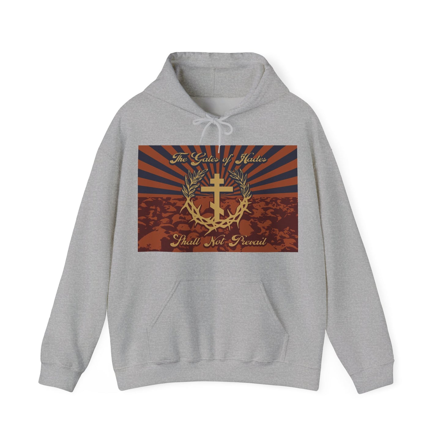 The Gates of Hades Shall Not Prevail | Cross with Wreath & Crown of Thorns | Skulls and Rays | Orthodox Christian Hoodie
