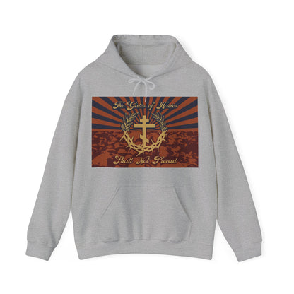The Gates of Hades Shall Not Prevail | Cross with Wreath & Crown of Thorns | Skulls and Rays | Orthodox Christian Hoodie