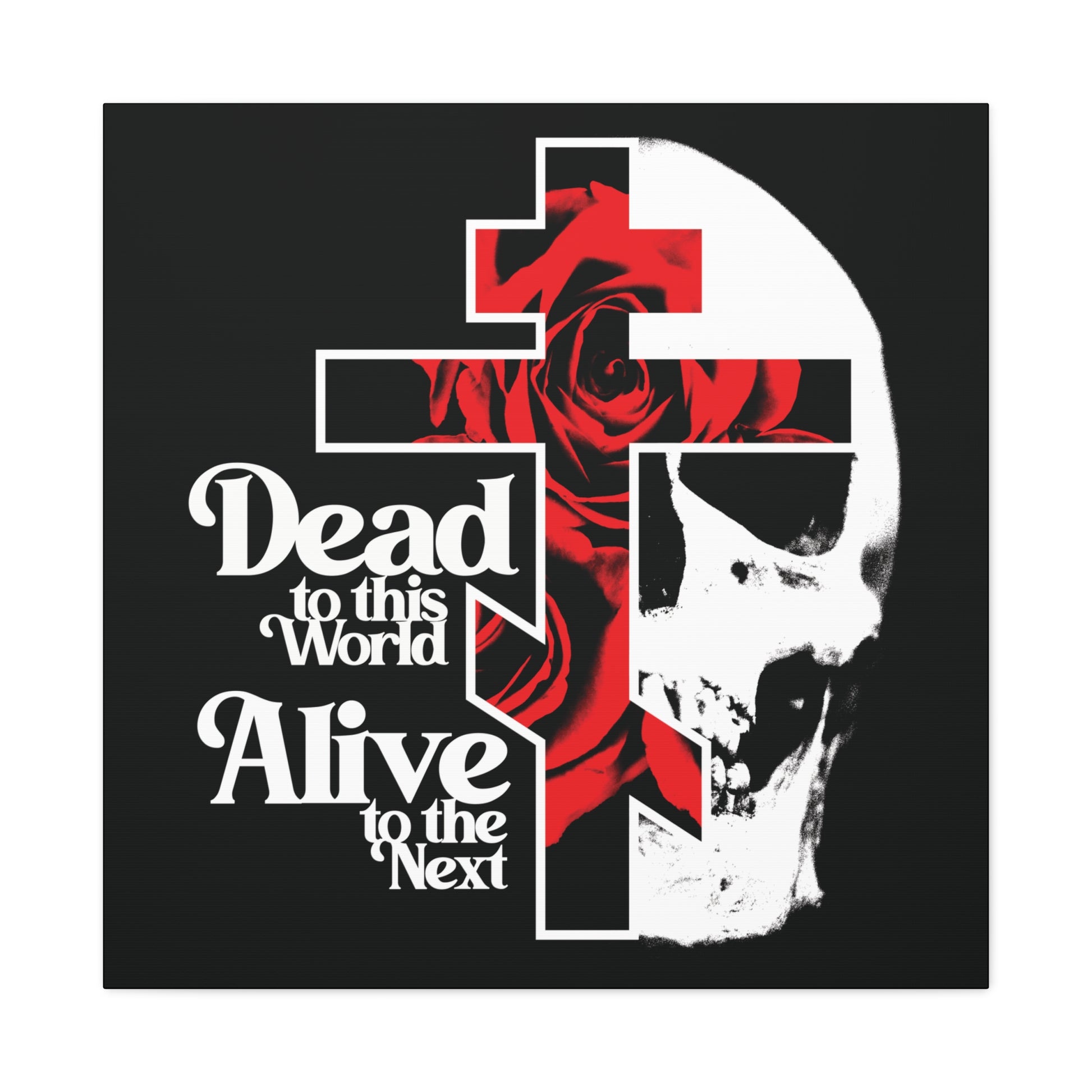 The Dead to this World Christian Goth Flower Cross & Skull canvas art features 70s typography and a skull with rose motif, inspired by St John Climacus’s teaching on renouncing the world from The Ladder of Divine Ascent.