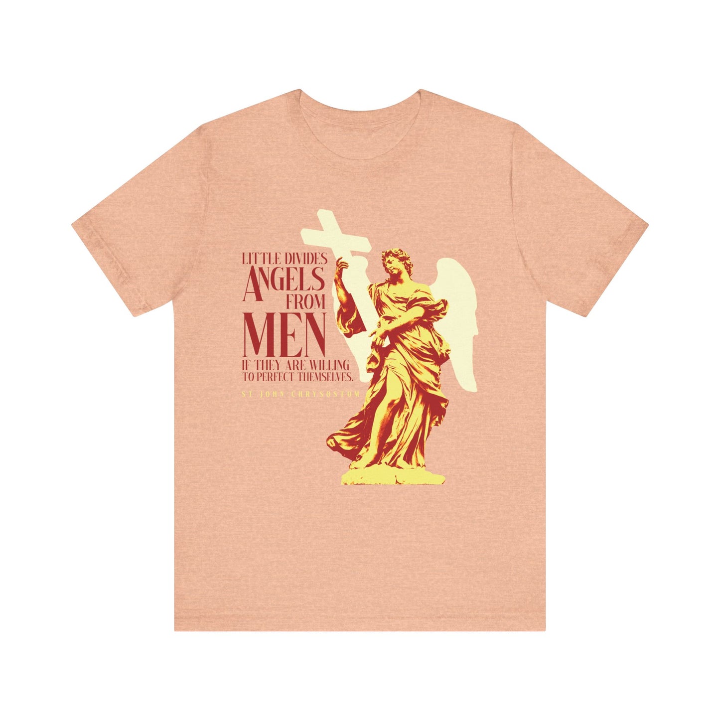 Heather peach unisex tee with St John Chrysostom quote: "Little divides angels from men if they are willing to perfect themselves." Orthodox Christian lightweight cotton shirt.