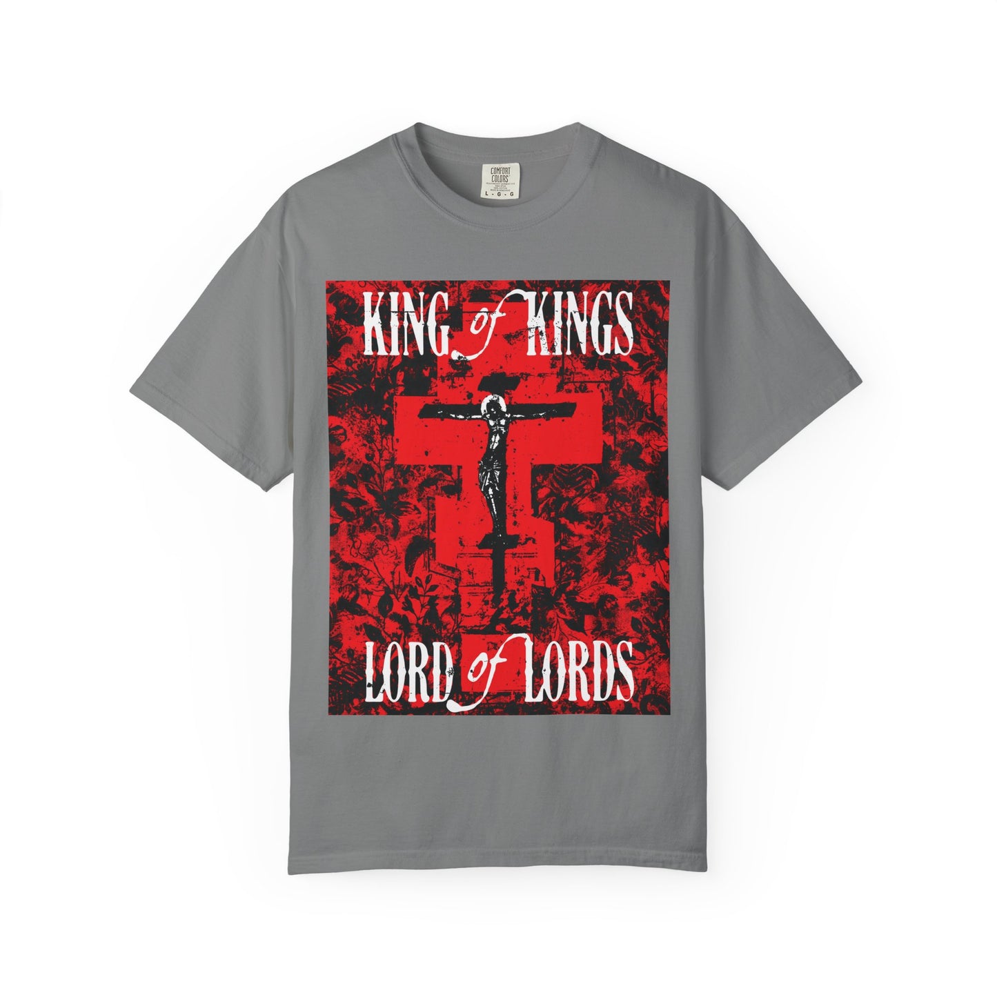 King of Kings, Lord of Lords | Christ Crucified Icono-Graphic | Red Cross Nature Texture w/ White Text | Heavyweight Cotton Unisex Tee