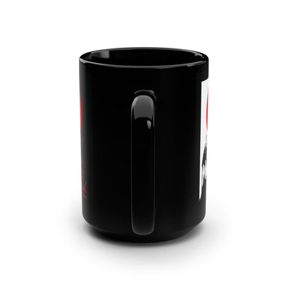 A glossy black Printify mug, angled to show the handle and part of its high-contrast black, white, and red "It's Later Than You Think" Orthodox design inspired by Fr Seraphim Rose. The background is plain white.