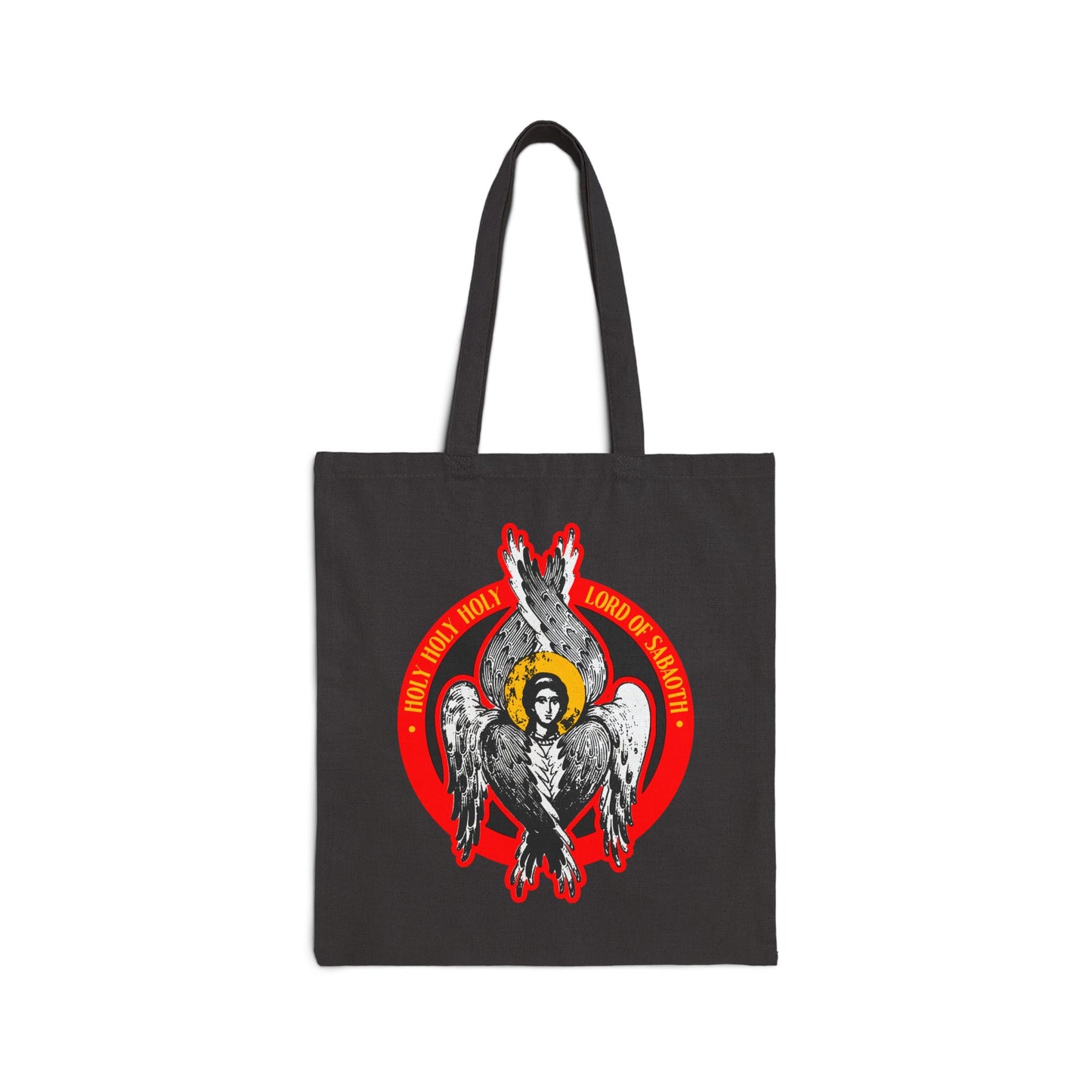 Black tote bag with Orthodox Seraphim angel iconographic art and red circular text: Holy Holy Holy, Lord of Sabaoth | Lord of Hosts, inspired by Isaiah 6’s unseen realm.