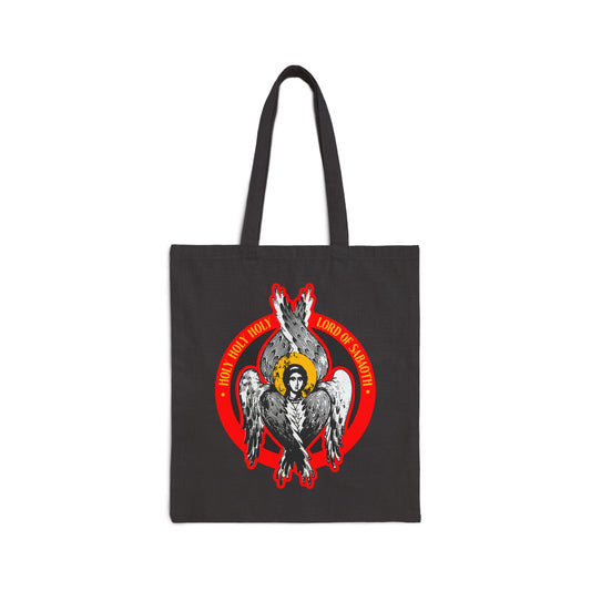Black tote bag with Orthodox Seraphim angel iconographic art and red circular text: Holy Holy Holy, Lord of Sabaoth | Lord of Hosts, inspired by Isaiah 6’s unseen realm.