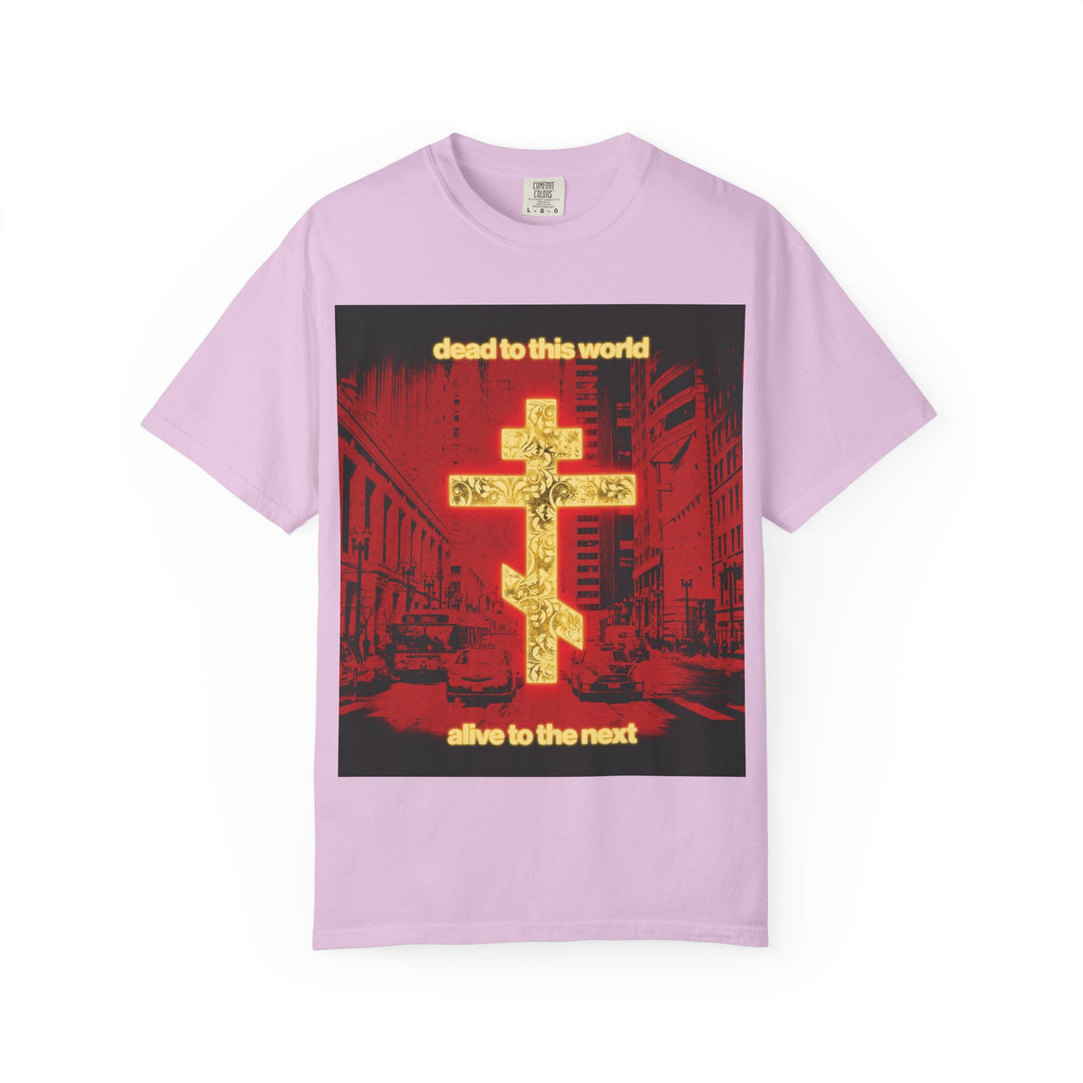 Experience the “Dead to This World Alive to the Next” Orthodox Christian heavyweight cotton unisex tee in Orchid, featuring a glowing gold cross set against a bold red cityscape and emblazoned with the message: dead to this world, alive to the next. Inspired by St Ignatius, this design reflects on death, eternity, and our ultimate destiny beyond this life.