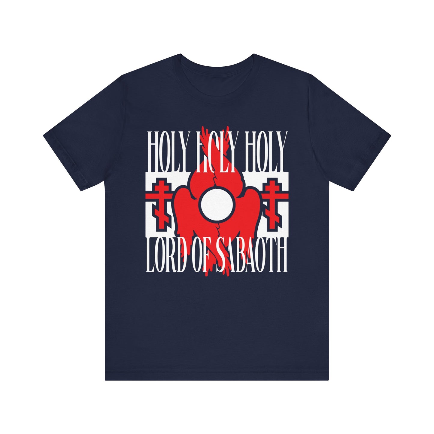 Navy Holy Holy Holy Lord of Sabaoth (Isaiah 6:3) tee featuring red seraphim wings, Orthodox crosses, and white text—a lightweight cotton unisex shirt inspired by Christian Divine Liturgy and celestial beings.