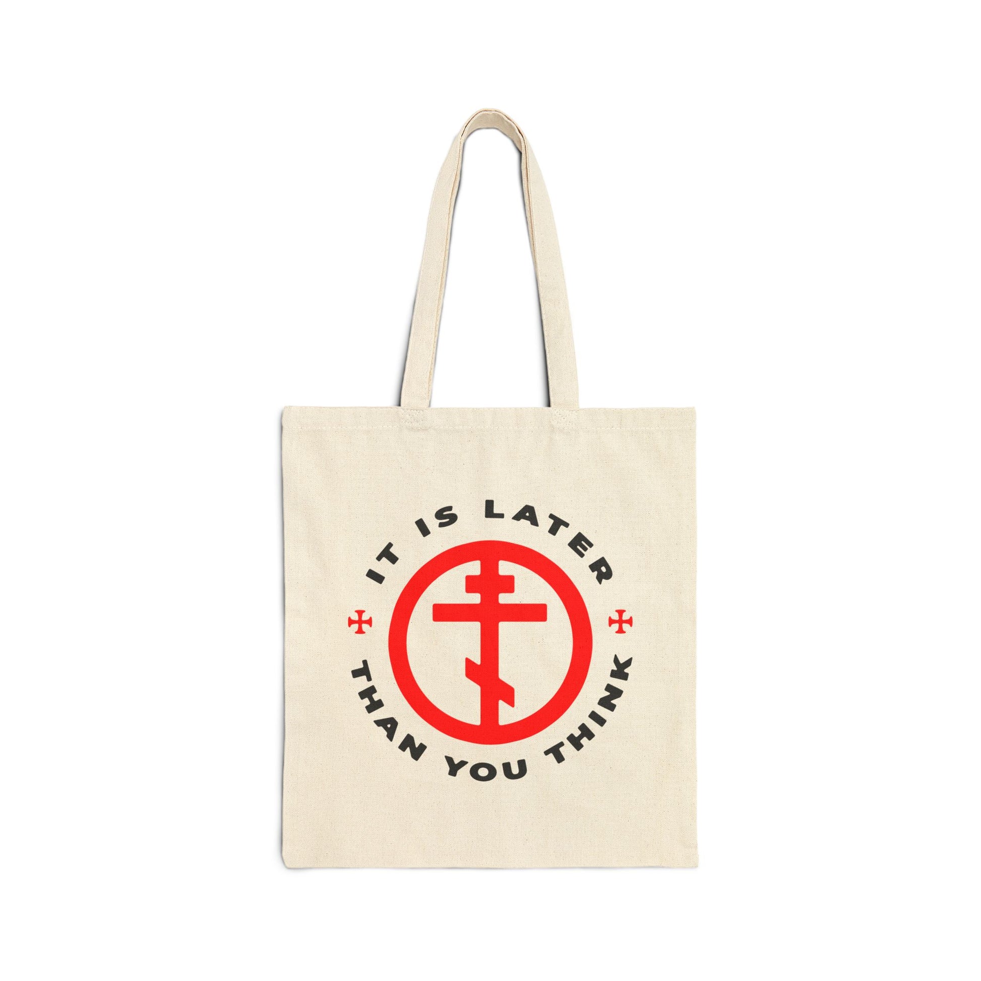 Natural tote bag featuring a red Orthodox cross in a circle and the message IT IS LATER THAN YOU THINK, inspired by Fr Seraphim Rose and Romans 13:10-12’s reminder to put on the armour of light.
