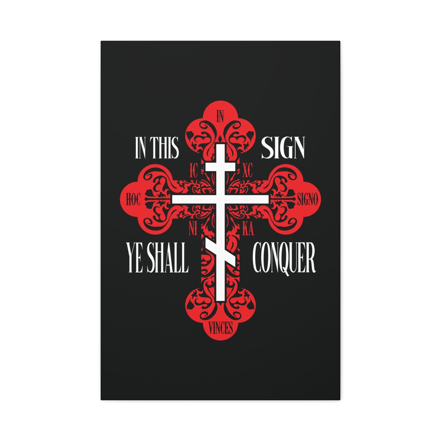 A red ornate Orthodox cross with a white sword and "In this sign you shall conquer" on black, from the "In This Sign Ye Shall Conquer | In Hoc Signo Vinces | ICXC NIKA" Christian wall art collection.