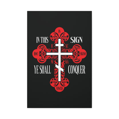 A red ornate Orthodox cross with a white sword and "In this sign you shall conquer" on black, from the "In This Sign Ye Shall Conquer | In Hoc Signo Vinces | ICXC NIKA" Christian wall art collection.