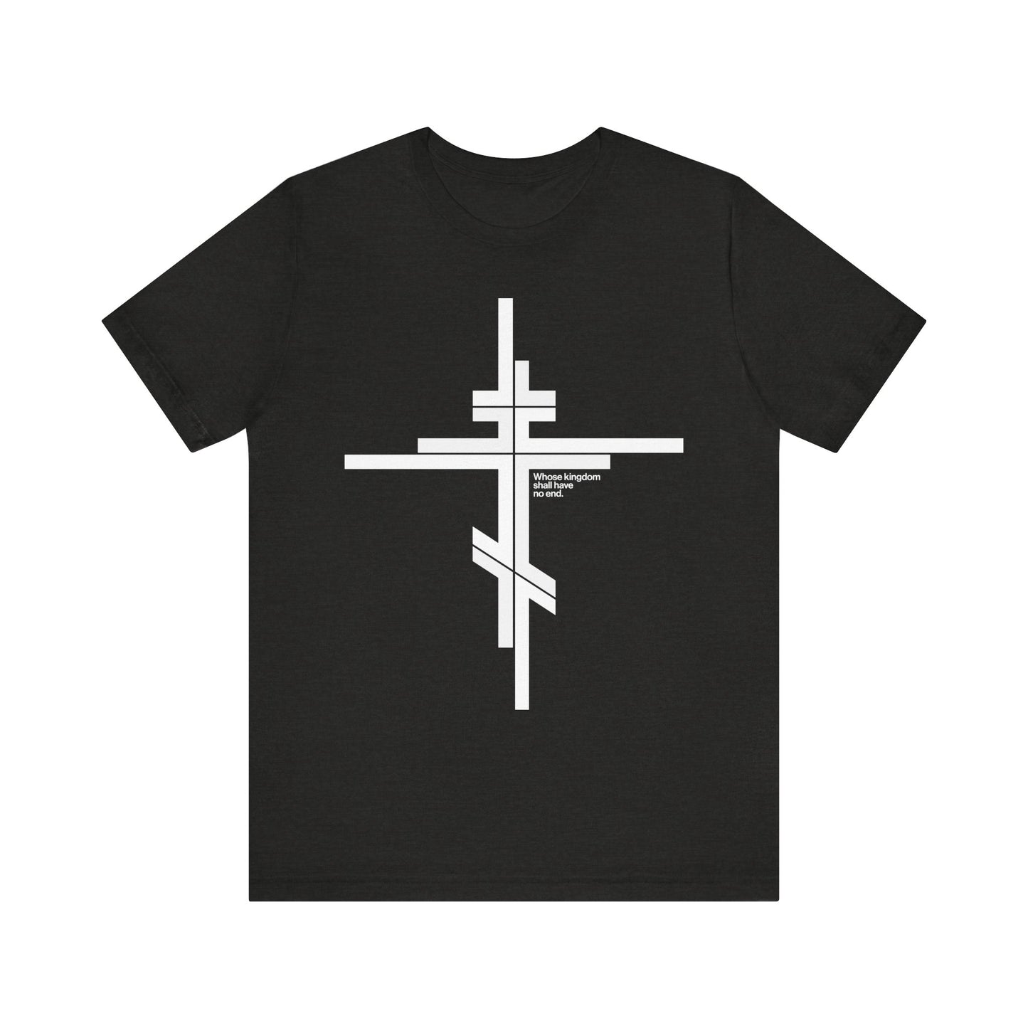 Black Heather t-shirt featuring a modernist minimalist Orthodox cross and small text reading, "Whose Kingdom Shall Have No End | Luke 1:32-33 | Thy Kingdom Reformed Church," symbolizing the enduring message of Christ’s kingdom and Orthodox doctrine. Crafted from lightweight cotton in a unisex fit.